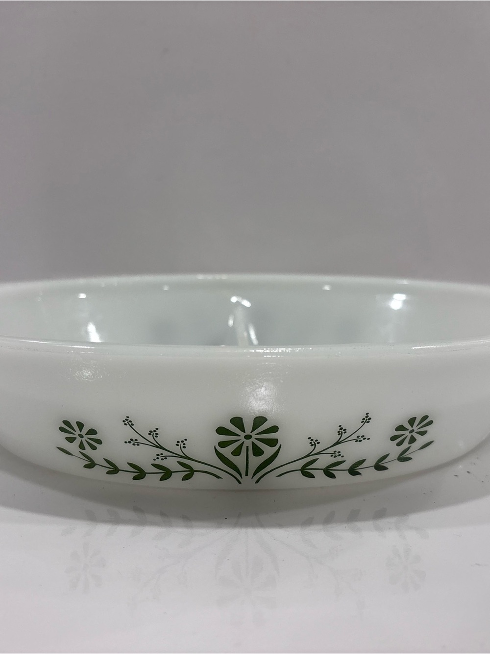 Vintage Glasbake milk glass divided oval casserole green floral 11”